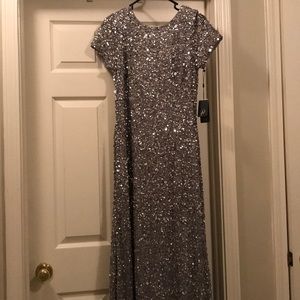 Adrianna Papell Silver Sequin Formal Gown